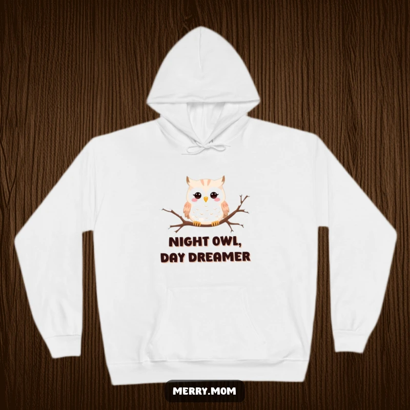 Funny Snowy Owl hoodie with a happy owl peeking from a snowy branch, offering warmth and whimsical charm.