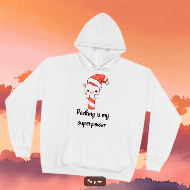 Funny and cozy hoodie with a cute creature in a Santa hat peeking from behind a giant candy cane, perfect for Christmas warmth.