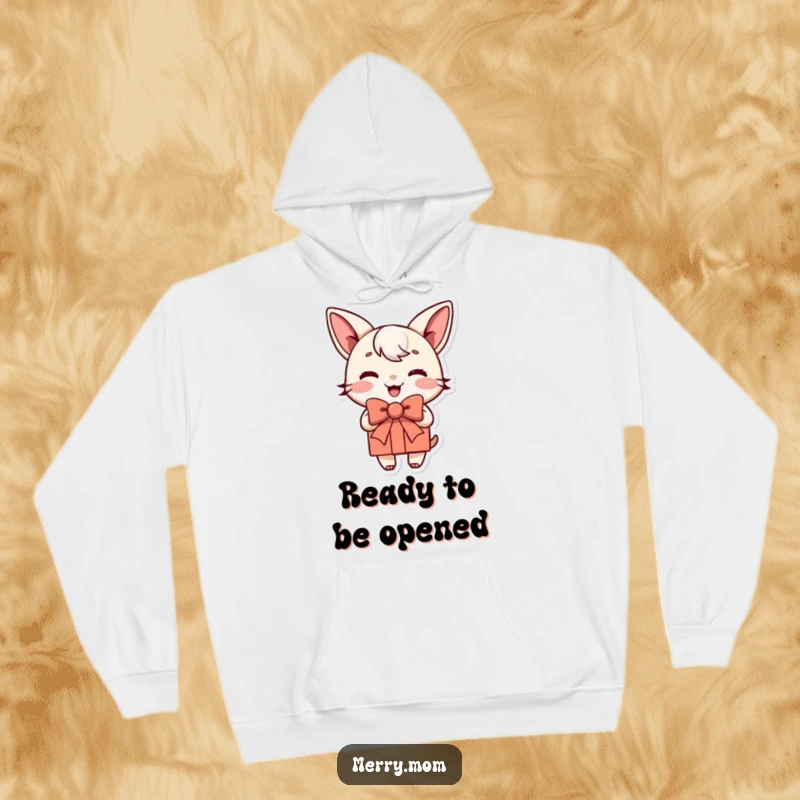 Funny hoodie with a joyful present character, featuring a jauntily tied bow, offering warmth and a cheerful vibe.