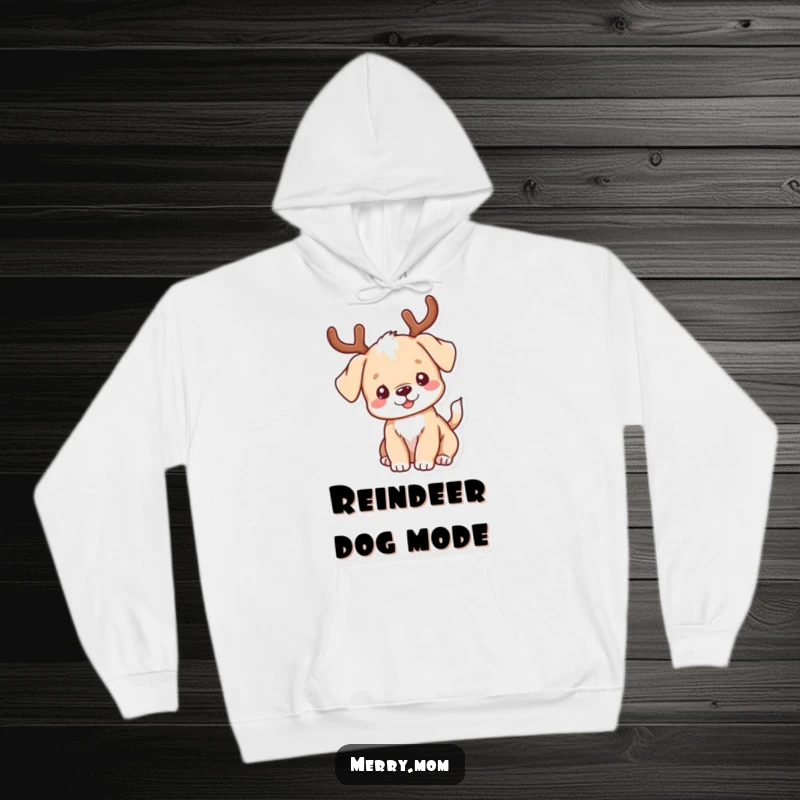 Funny kawaii puppy with antlers wagging its tail, printed on a warm hoodie for humorous winter comfort.