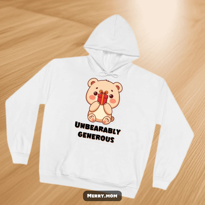 A funny little bear character holding a bright red present, designed on a soft and warm hoodie.