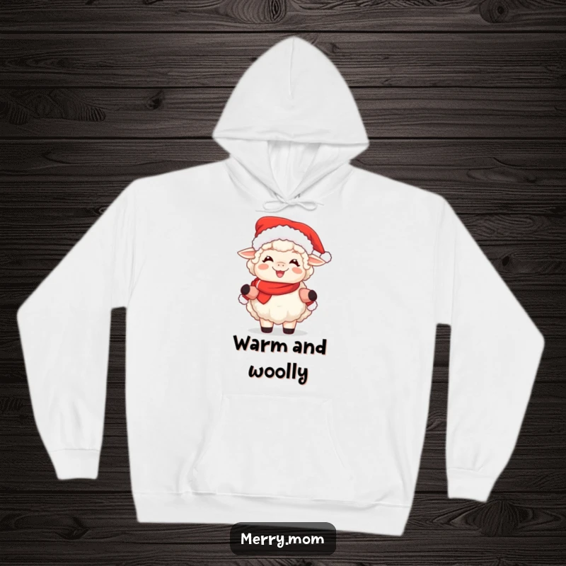 Funny hoodie with a fluffy sheep looking joyful while dressed as Mrs. Claus for Christmas.