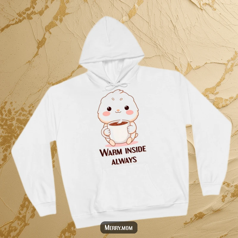Funny hoodie with a cute creature exhibiting a warm smile, holding a steaming mug of cocoa, ideal for cozy relaxation.