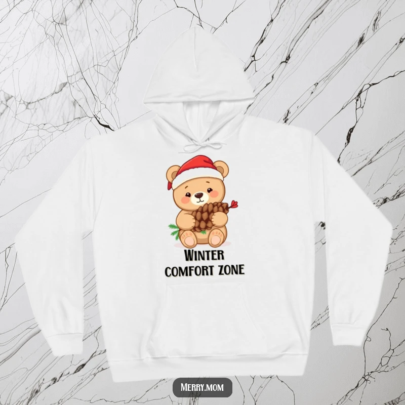 Funny hoodie depicting a sweet bear in a Santa hat, hugging a decorated pine cone with festive joy.