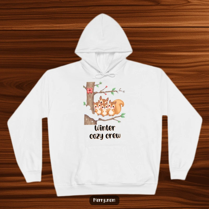 Funny and warm hoodie featuring a kawaii squirrel family peeking from a snowy branch, perfect for chilly days.