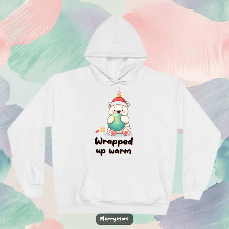 Funny kawaii polar bear gently hugging a large, twinkling Christmas ornament, printed on a soft and cozy hoodie.