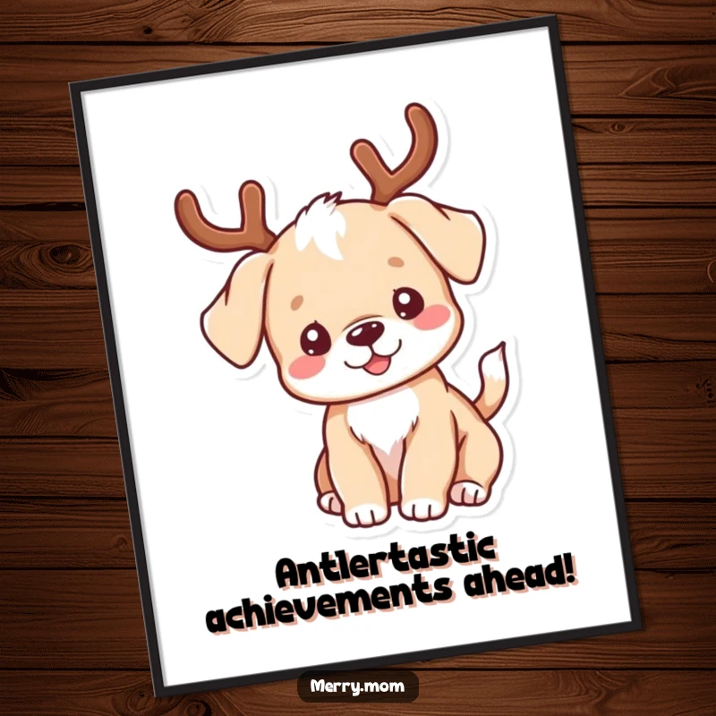 Funny Free Printable Wall Art: A kawaii puppy with antlers is joyfully wagging its tail, full of energy.