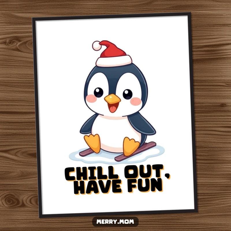 Funny Free Printable Wall Art: A happy penguin sporting a tiny Santa hat gleefully slides across icy terrain.