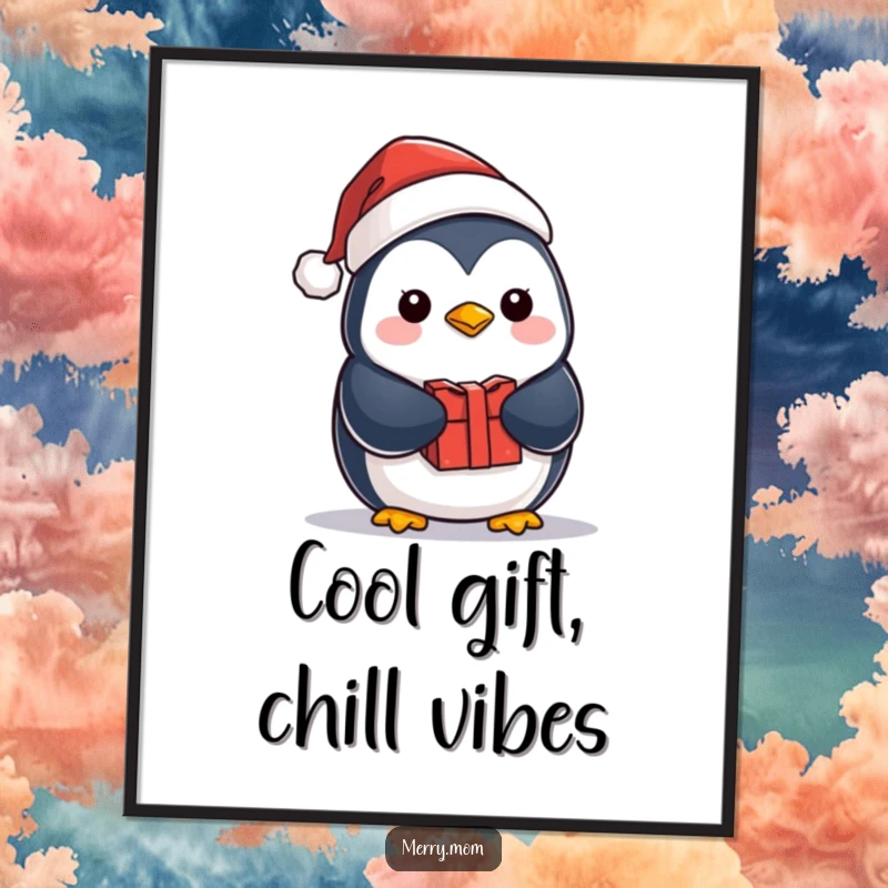 Funny Free Printable Wall Art: Kawaii penguin wearing a Santa hat, holding a gift, bringing festive joy.