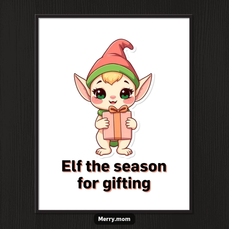 Funny Free Printable Elf Animal Wall Art: Happy elf animal proudly holding a wrapped gift, whimsical downloadable art.