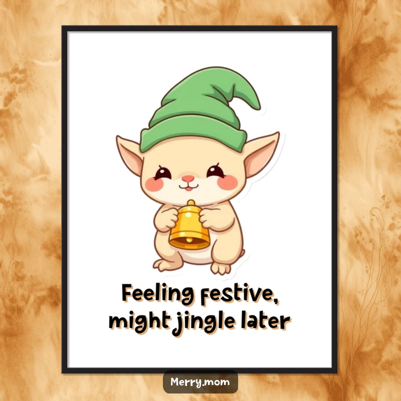 Funny free printable wall art of a creature in a tiny elf hat holding a festive bell, a whimsical addition to any room.