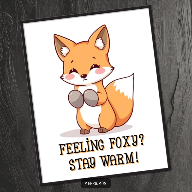 Funny Free Printable Wall Art: Adorable kawaii fox wearing mittens, shaking snowflakes from its tail, wintery fun.