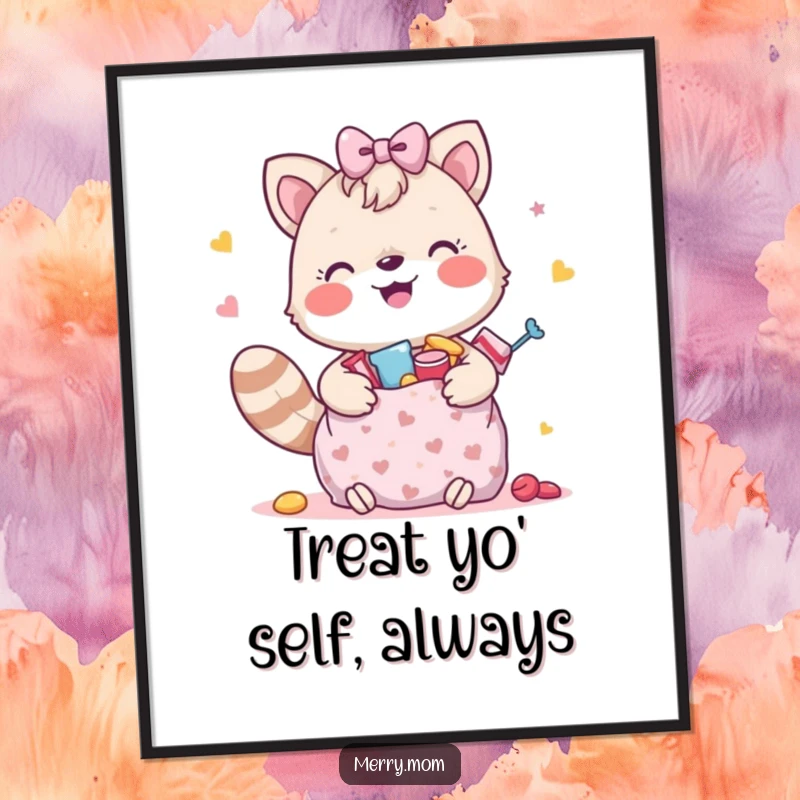 Funny free printable wall art of a happy animal holding a gift bag overflowing with treats, bringing joy and whimsy to the room.