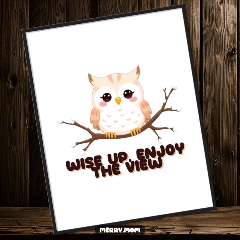 Funny Free Printable Owl Wall Art: Happy owl peeking from a snowy branch, bringing serene winter beauty to your decor.