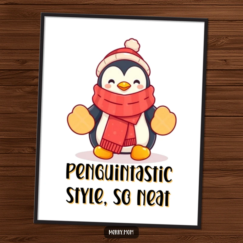 Funny Free Printable Penguin Wall Art: Festive cartoon penguin with scarf and mittens, cute downloadable winter art.
