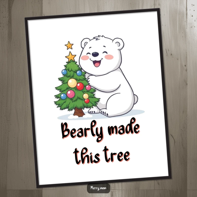 Funny Free Printable Polar Bear Wall Art: Joyful polar bear decorating a small tree, charming downloadable art.