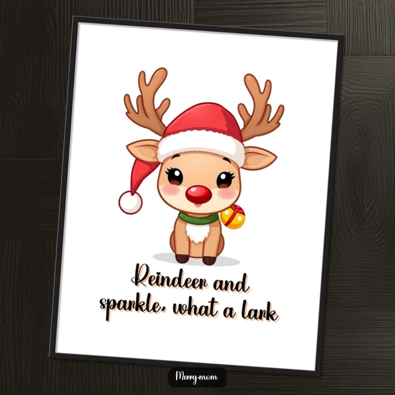 Funny Free Printable Reindeer Wall Art: Cute reindeer wearing Santa hat, jingle bells, festive downloadable art for walls.