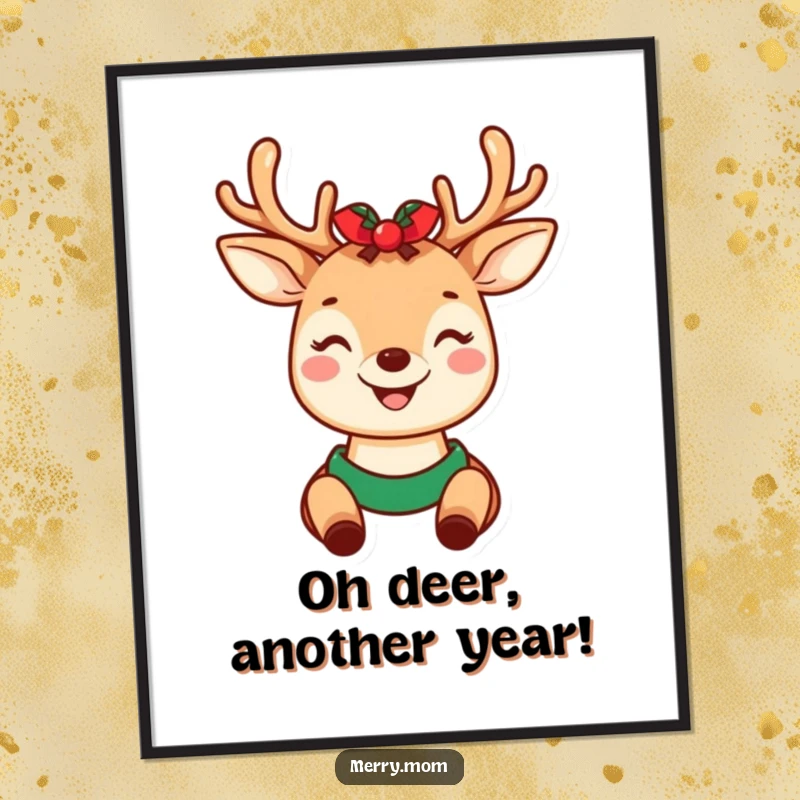 Funny Free Printable Wall Art: Kawaii deer mom wearing festive holiday antlers, smiling brightly, humorous home decor.