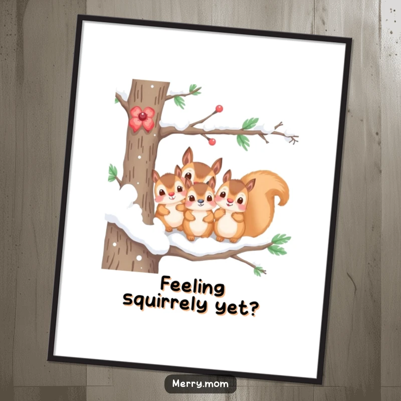 Funny Free Printable Wall Art: Kawaii squirrel family peeking from a snowy branch, cute and humorous winter decor.