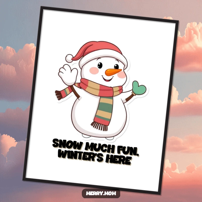 Festive Free Printable Wall Art: A happy snowman wearing a festive scarf gives a jolly wave, creating a welcoming winter scene.