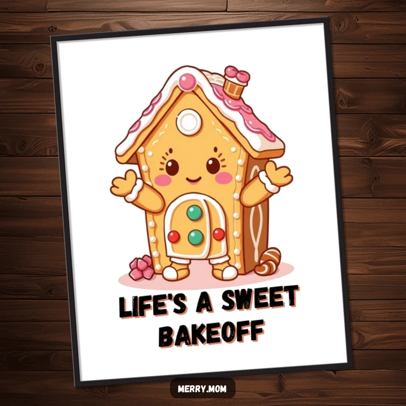 Funny Free Printable Wall Art: A gingerbread house character doing a joyful jig, covered in sweet icing decorations.