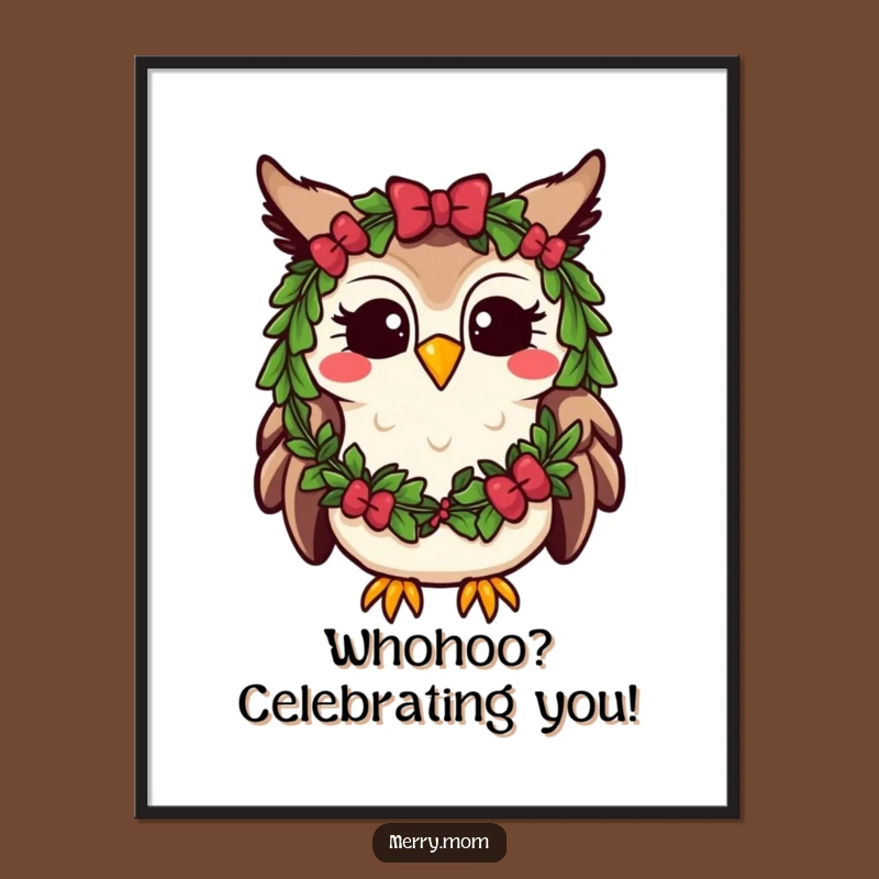 Funny Free Printable Wall Art: Kawaii Owl with Wreath, Whimsical Downloadable Decor