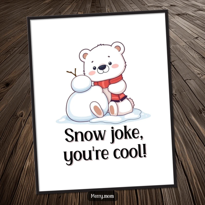 Funny Free Printable Wall Art: Adorable kawaii polar bear cub cheerfully building a snowman, winter theme.
