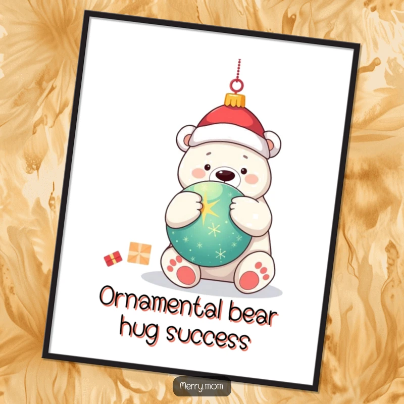 Funny Free Printable Wall Art: Kawaii polar bear embracing a large, twinkling Christmas ornament, perfect for holiday cheer.
