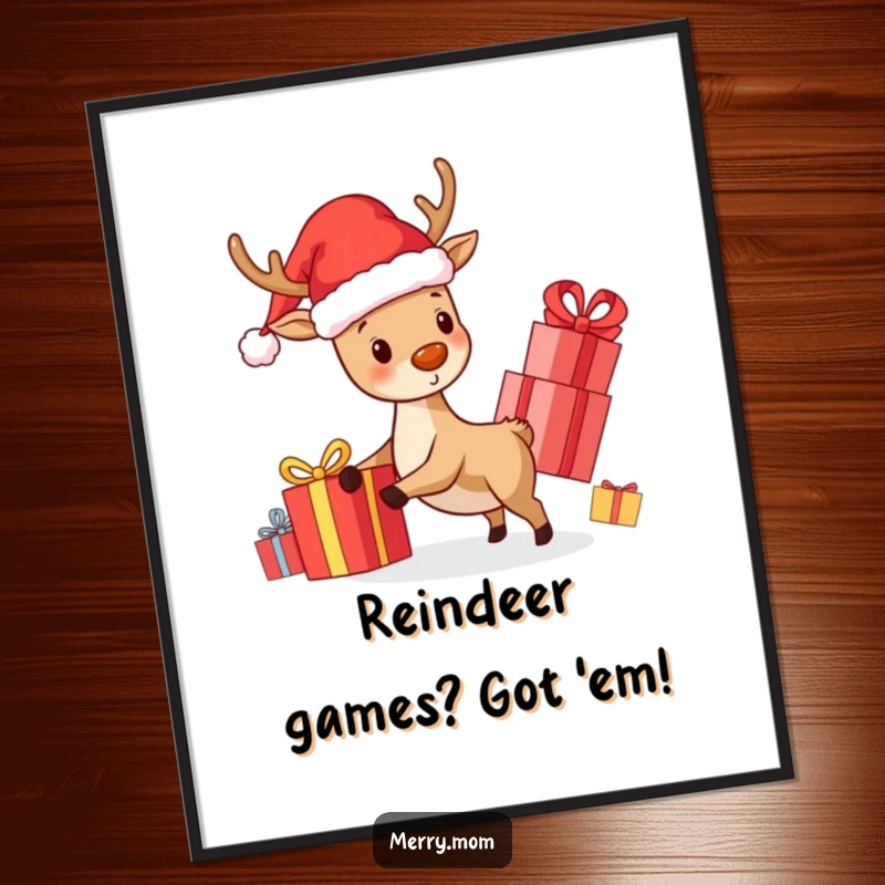 Funny Free Printable Wall Art: Adorable kawaii reindeer in Santa hat, merrily delivering presents, festive and cute.
