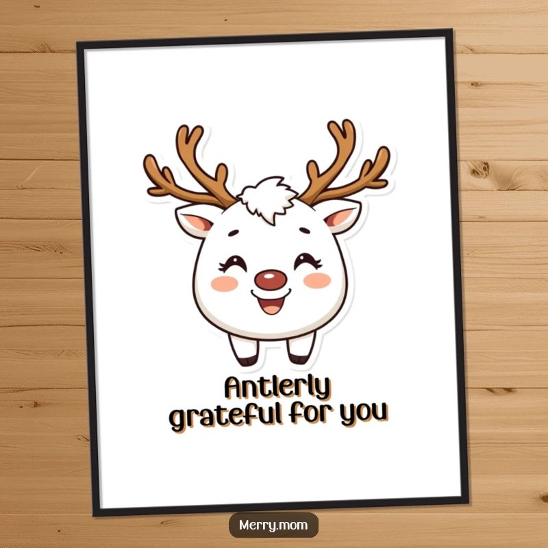 Funny Free Printable Wall Art: A smiling creature wearing festive reindeer antlers, radiating happiness.