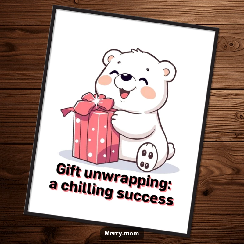 Festive Free Printable Wall Art: A smiling polar bear joyfully unwraps a sparkly gift, creating a heartwarming scene.