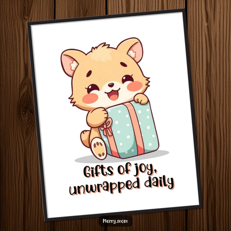 Funny Free Printable Wall Art: A happy animal joyfully unwrapping a present with immense excitement, a downloadable art piece.