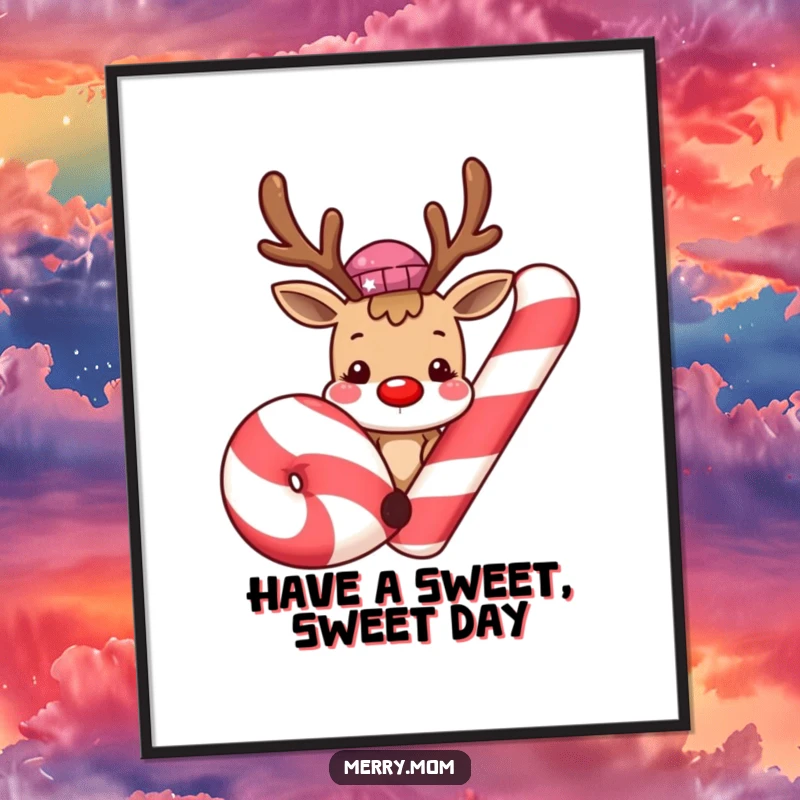 Funny Free Printable Wall Art: A cute, smiling reindeer peeking playfully from behind a massive, festive candy cane.