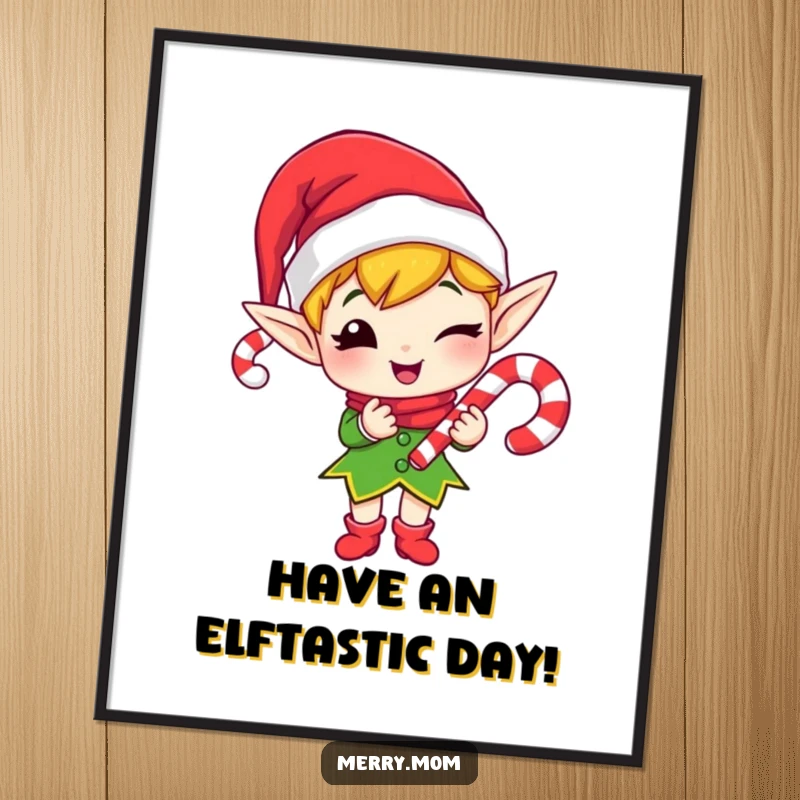 Funny Free Printable Wall Art: A cheerful elf winking as they gift a candy cane, perfect festive decor.