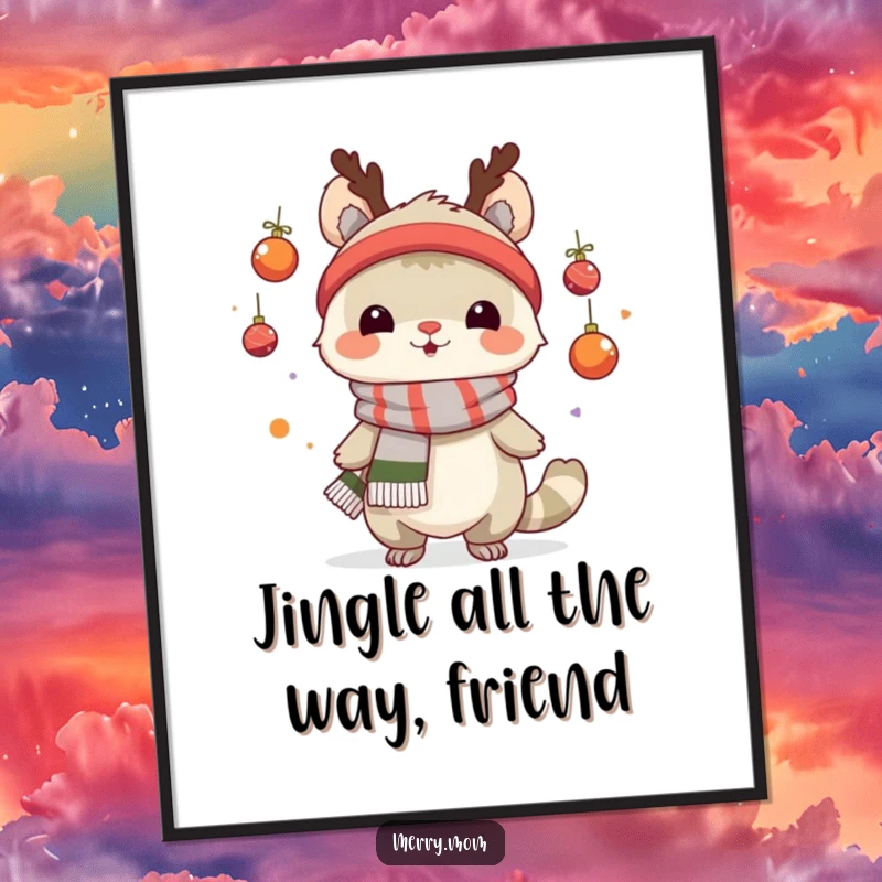 Funny Free Printable Wall Art: A creature with a festive scarf expertly juggling tiny, colorful ornaments.