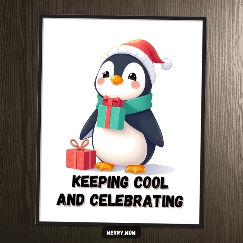Funny Free Printable Wall Art: A happy penguin in a Santa suit balances multiple gifts on its nose, charming downloadable art.
