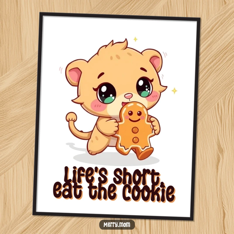 Funny free printable wall art: a creature with dazzling, sparkling eyes is depicted mid-chase after a running gingerbread cookie.