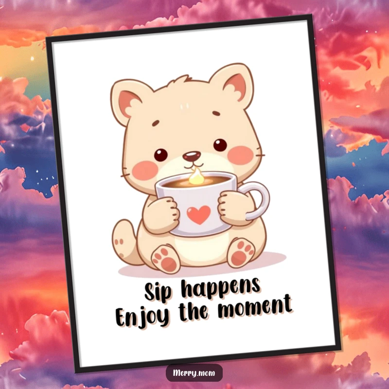 Inviting free printable wall art depicting a content animal holding a steaming mug of cocoa, bathed in a soft, warm, comforting glow.