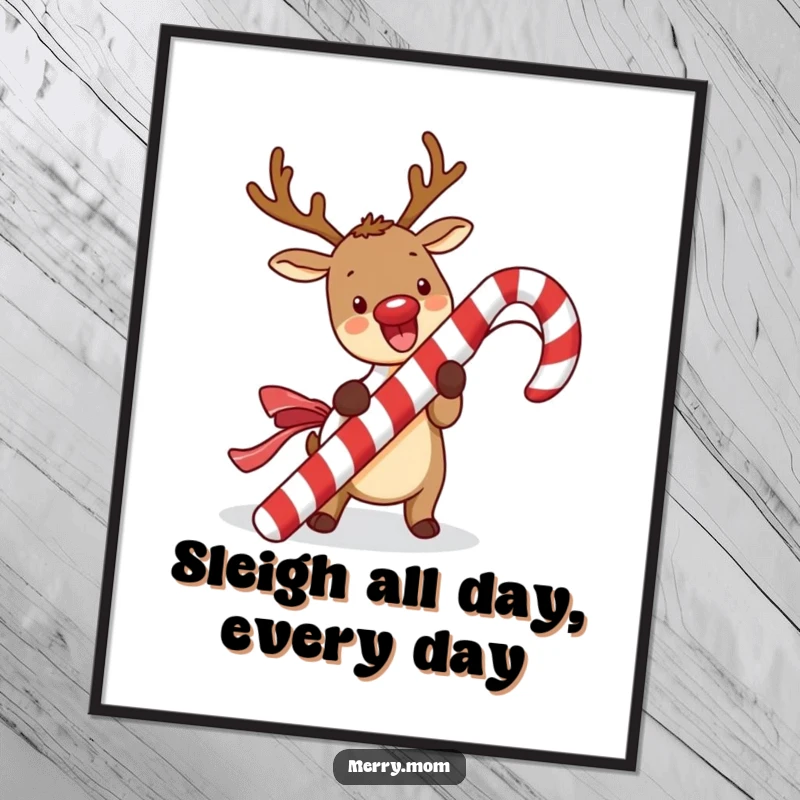 Funny Free Printable Wall Art of a kawaii reindeer excitedly unwrapping a giant, festive candy cane.