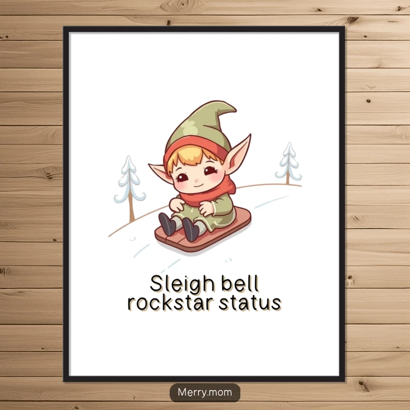 Funny Free Printable Wall Art: Kawaii elf with pointed ears gleefully sliding down a snowy hill, perfect for humor lovers.