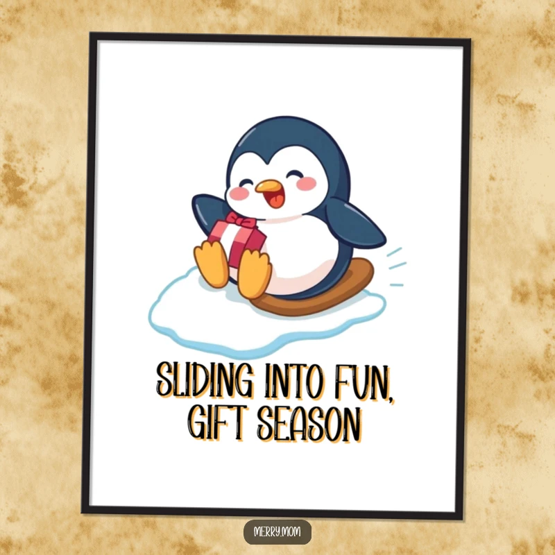 Funny Free Printable Wall Art: Playful penguin sliding down an icy slope with a gift, looking gleeful.