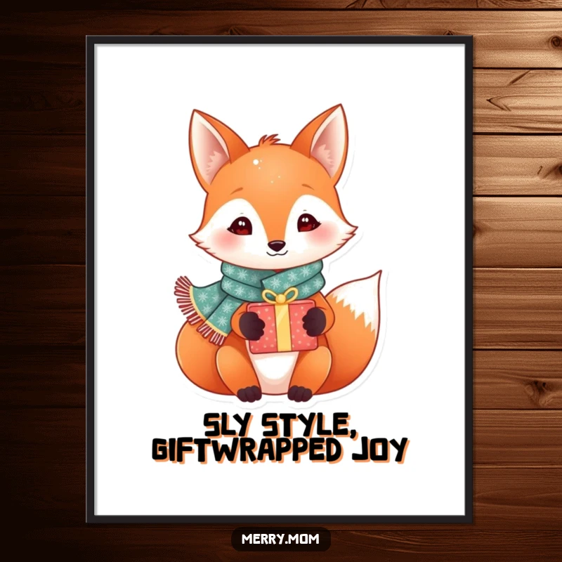 Funny Free Printable Wall Art: A festive fox wearing a sparkly scarf holds a gift box, adding holiday cheer.