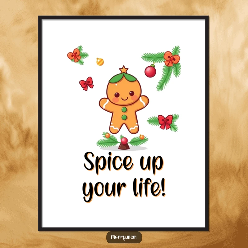 Funny Free Printable Wall Art: A cheerful gingerbread man character decorating a festive tree, adding holiday spirit.