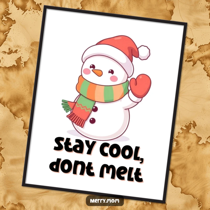Funny Free Printable Wall Art of a cute kawaii snowman in a festive scarf waving a mitten.