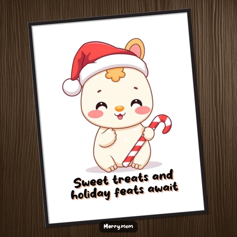 Funny Free Printable Wall Art of a cheerful animal wearing a Santa hat and holding a candy cane