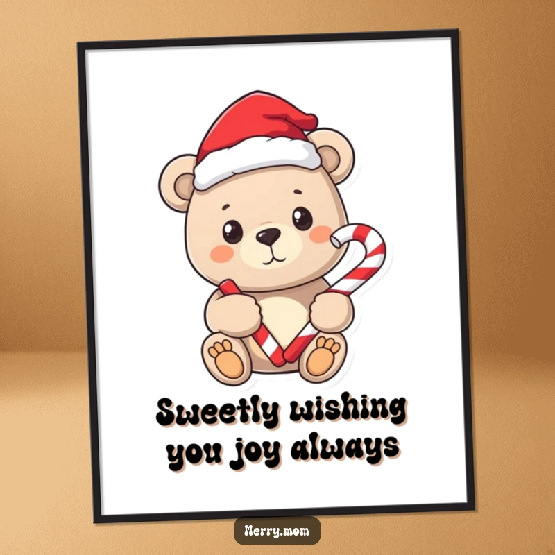 Free Printable Santa Bear Wall Art: A sweet bear in a Santa hat holding a candy cane, bringing festive cheer.
