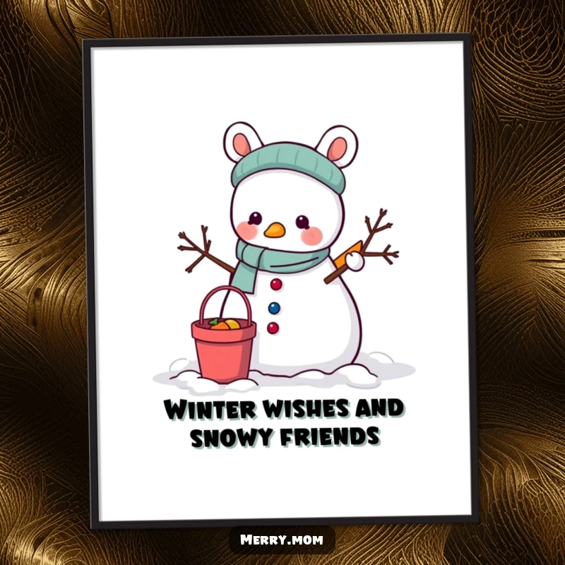 Funny Free Printable Wall Art: Animal building a snowman with bucket and carrot, perfect charming, downloadable winter decor art.