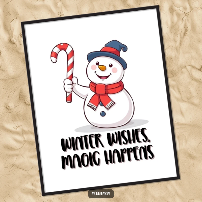 Funny Free Printable Wall Art: A cheerful snowman holds a candy cane as if it were a magic wand, creating wintery enchantment.