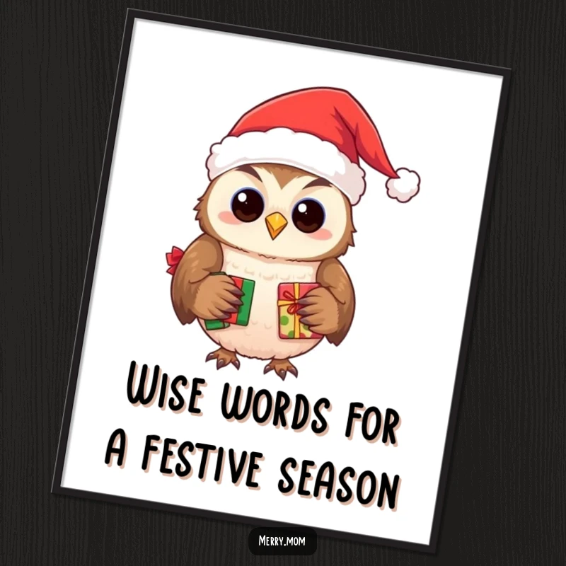 Funny Free Printable Owl Santa Wall Art: A smiling owl in a Santa hat delivers presents, bringing a festive vibe.