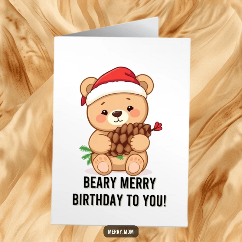 Cute Free Printable Birthday Card: Cuddly bear in Santa hat hugging a pine cone, spreading cheer.
